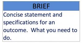 Brief: Concise statement and specifications for an outcome