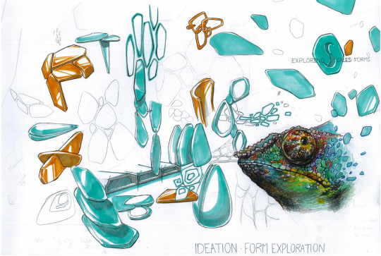 sketches showing form exploration inspired by chameleon