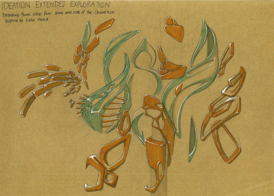 Drawings exploring ideas from chameleon and Zaha Hadid
