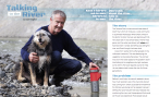 The first two pages of Talking to the River, a photograph of a man and a dog by the river 